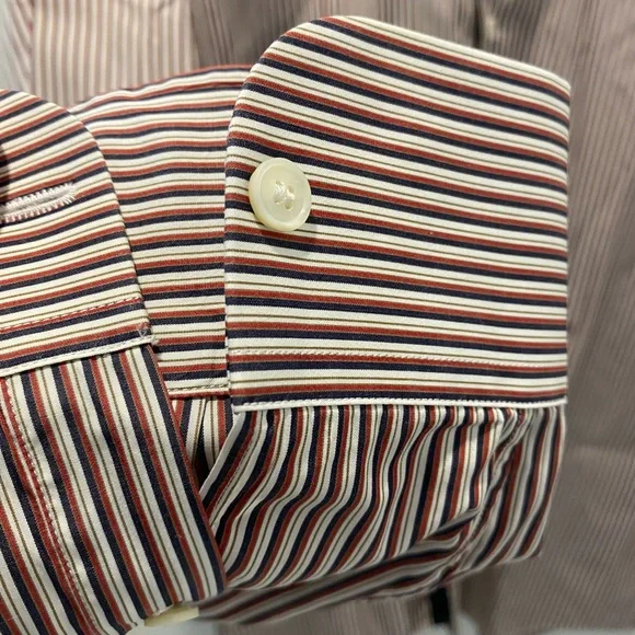 Salvatore Ferragamo Men's Burgundy and White Striped Dress Shirt Dress Shirts